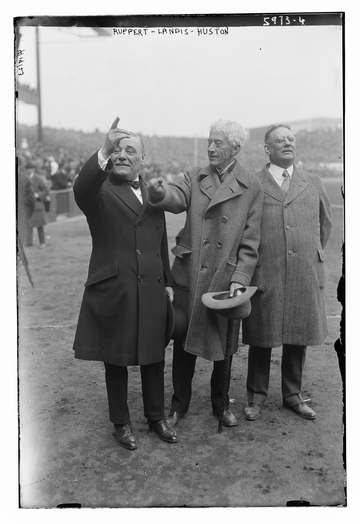 Title: Jacob Ruppert, Judge Kenesaw M. Landis, Tillinghast Huston, at Yankee Stadium, 4/18/23 (baseball)] Abstract/mediu