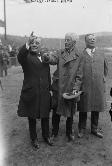 L-R: Jacob Ruppert, Judge Kenesaw M. Landis, Tillinghast Huston, at the first game at Yankee Stadium, 4/18/1923. This im
