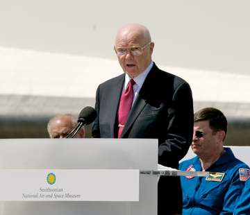Senator John Glenn at the ceremony transferring the Space Shuttle Discovery to the National Air and Space Museum. Former