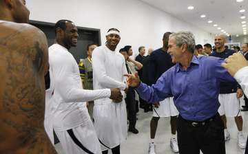 LeBron James greets former US President George W. Bush at the 2008 Summer Olympic Games.