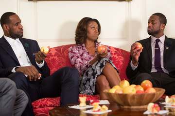 First Lady Michelle Obama tapes a "Let's Move!" public service announcement with 2013 NBA Champion Miami Heat players Le
