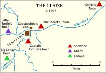 Native American towns at the Glaize in the Ohio Country in 1792. Based on Tanner, Helen Hornbeck. "The Glaize in 1792: A