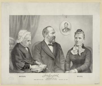 Portrait illustration of of James A. Garfield, his wife, and mother.