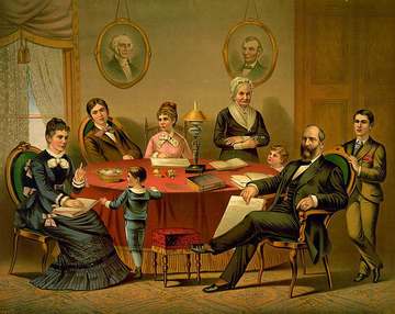 President James A. Garfield and his family seated around table; portraits of Washington and Lincoln on wall in backgroun