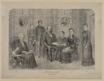 Print showing James A. Garfield sitting at a table in a parlor with family members