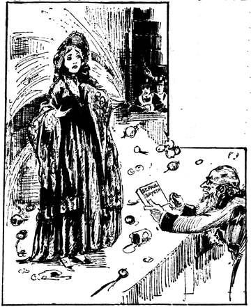 Fanciful drawing by Marguerite Martyn of Lucy Stone as a young lecturer being pelted with vegetables and other debris. M