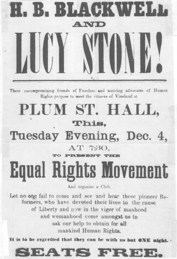 Broadside announcement inviting readers to see Henry Browne Blackwell and his more famous wife Lucy Stone speak at Plum 