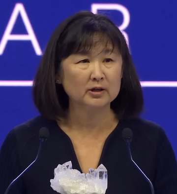 American architect Maya Lin speaking at the 28th Annual Crystal Awards as part of the 2023 World Economic Forum.