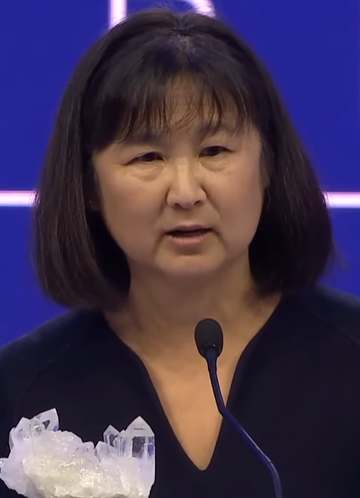 American architect Maya Lin speaking at the 28th Annual Crystal Awards as part of the 2023 World Economic Forum.