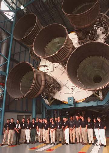 KENNEDY SPACE CENTER, FLA. -- At the Apollo/Saturn V Center, some of the 1998 astronaut candidate class (group 17) line 