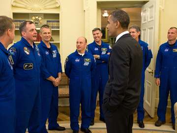 United States President Barack Obama greets the STS-132 Atlantis Space Shuttle crew and International Space Station astr