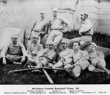1882 University of Michigan baseball team.Top row: John Henry Rollins, Walter Davis, Thomas P. AntleFront row: capt. Wil