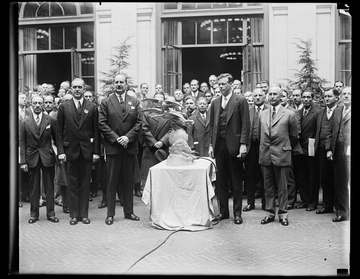 Title: Col. Lindbergh receives Harmon trophy. The highlight of today's session of the International Civil Aeronautics Co