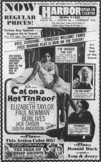 Harbor Drive-In theater advertisement for the American drama film, Cat on a Hot Tin Roof. 27 November 1958.