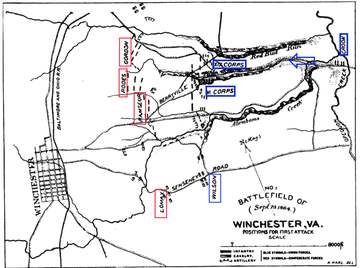Union and Confederate positions prior to Union infantry attack in Third Battle of Winchester that occurred September 19,