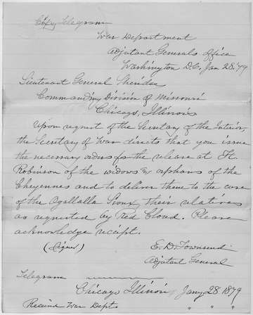 This is document pertains to: Copies of Military Telegrams Regarding Cheyenne Escapees and Cheyenne Women and Orphans. J