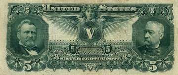 Reverse of the Series of 1896 Silver Certificate. Busts of Ulysses S. Grant and Philip Sheridan.