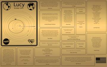 A plaque on the Lucy mission featuring 20 messages from people on Earth, including John Lennon, Martin Luther King Jr.,