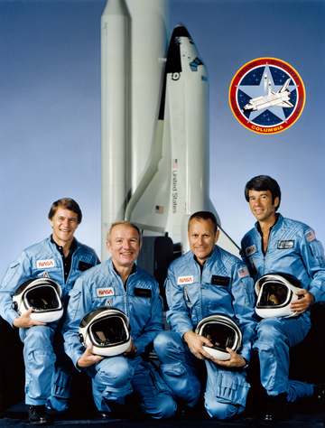 The official portrait of STS-5 mission crewmembers includes astronauts Vance D. Brand (second left), commander; Robert F