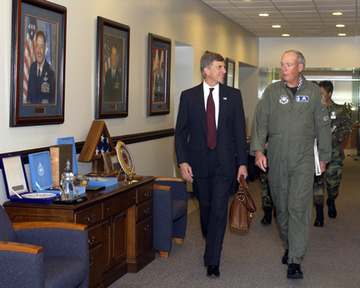 PETERSON AIR FORCE BASE, Colo. — General Lance W. Lord, Commander of Air Force Space Command escorts Dr. Ronald M. Sega,
