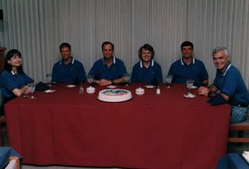 The STS-76 astronauts enjoy a late-night lunch in the Operations and Checkout Building. From left are Mission Specialist