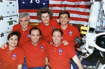 The crew of the Space Shuttle Atlantis poses for a traditional inflight portrait on the mid deck. Shannon W. Lucid (rear
