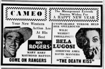 Cameo Theater advertisement for the American western film Come On, Rangers (1938) and the pre-Code mystery film The Deat