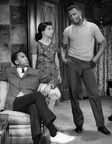Photo of a scene from the play A Raisin in the Sun. From left-Louis Gossett (George Murchison), Ruby Dee (Ruth Younger) 