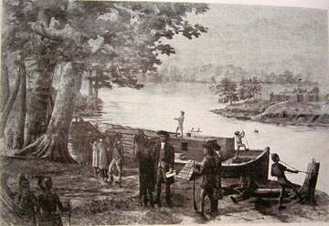 Arrival of w:Rufus Putnam and w:American pioneers to the Northwest Territory at the mouth of the Muskingum River at the 