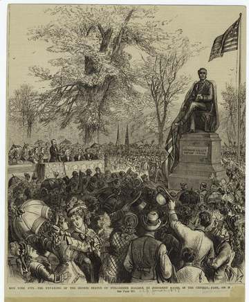 Illustration of the unveiling of a statue of American poet Fitz-Greene Halleck in New York City, 1877. Original caption: