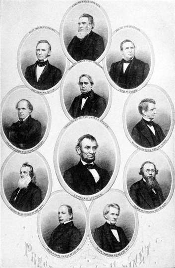 Oval-framed portrait of President of the United States Abraham Lincoln surrounded by oval-framed portraits of his cabine