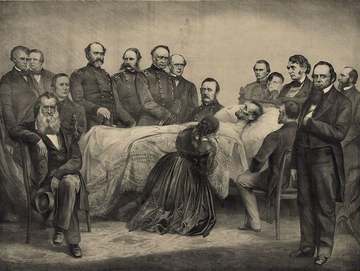Print shows the interior of a room with Abraham Lincoln lying on a bed surrounded by cabinet members, generals, and fami