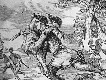 Wood carving of Simon Kenton rescuing Daniel Boone at the Battle of Boonesborough.