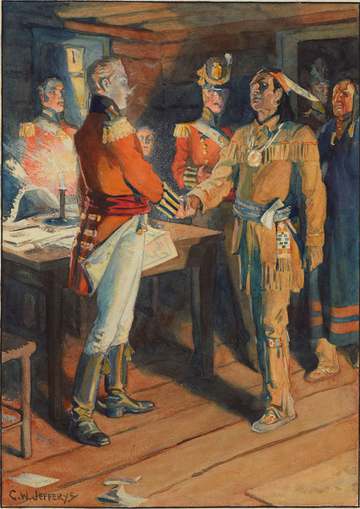 "Meeting of Brock and Tecumseh, 1812" by Charles William Jefferys (1915) depicts Tecumseh and General Sir Isaac Brock me
