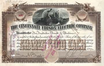 Aktie der Cincinnati Edison Electric Company vom 19. April 1892, ausgestellt auf die Deutsch Bank (die Aktie verbriefte