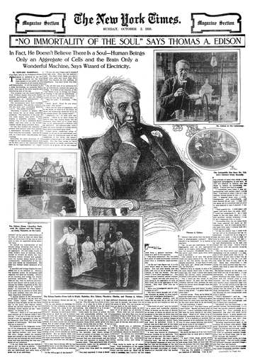 Full-page feature in The New York Times Magazine Section of October 2, 1910, "'No Immortality of the Soul' Says Thomas A