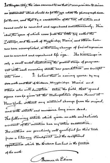 Edison's endorsement of the kinetography report.