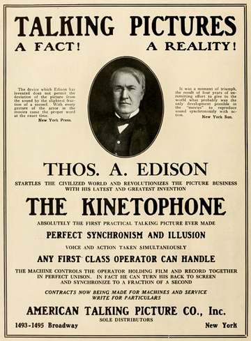 Advertisement for Thomas Edison's "Kinetophone", his early synchronized system for presenting sound with projected films