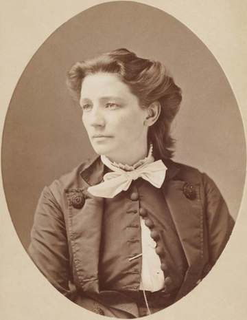 Albumen silver print on Cabinet card mount by Mathew Brady of Victoria Claflin Woodhull. Copy from the Fine Arts Library