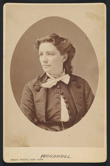 Albumen silver print on Cabinet card mount by Mathew Brady of Victoria Claflin Woodhull. Copy from the Fine Arts Library