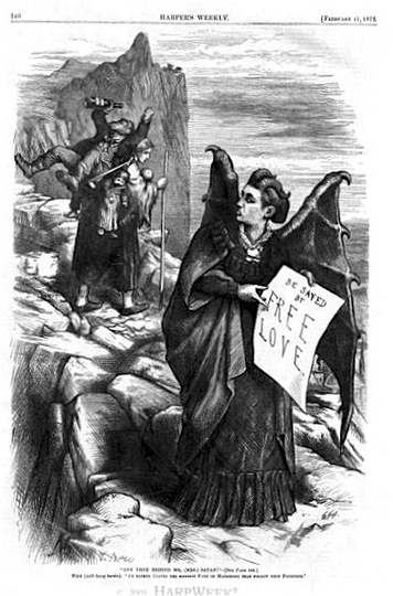 Popular American cartoonist Thomas Nast lampoons Victoria Woodhull as "Mrs. Satan" in a full-page engraving for Harper's