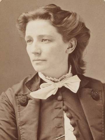 Albumen silver print on Cabinet card mount by Mathew Brady of Victoria Claflin Woodhull. Copy from the Fine Arts Library