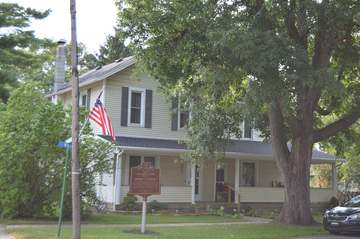 Front and southern side of the childhood home of Warren G. Harding, located on the northwestern corner of the junction o