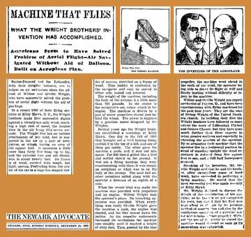 Newspaper article describing the Wright Brothers' first powered, heavier-than air flight at Kitty Hawk, North Carolina, 