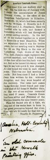 From the scrapbook of favourite news clippings relating to the life and times of J.H.Greene, a close friend of the Howel