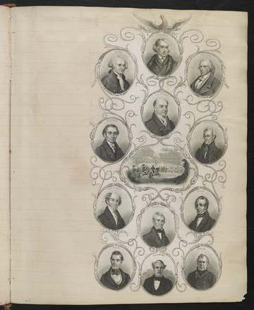 Title: Battle scene surrounded by portraits of American presidents Abstract/medium: 1 print : engraving ; irregular shee