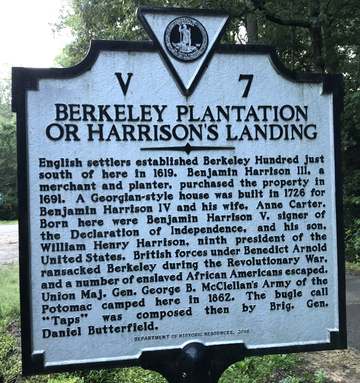 Berkeley Plantation or Harrison's Landing Marker English settlers established Berkeley Hundred just south of there in 16