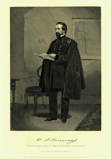 Print of Gen. Rosecrans in uniform. Chair, table, and map on wall with the words "MURFREESBORO" and "LYTLES CREEK" writt