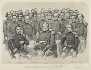The champions of the Union. Print is a group portrait of Union Army generals and Navy commanders; caption identifies eac