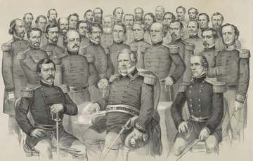 The champions of the Union. Print is a group portrait of Union Army generals and Navy commanders; caption identifies eac